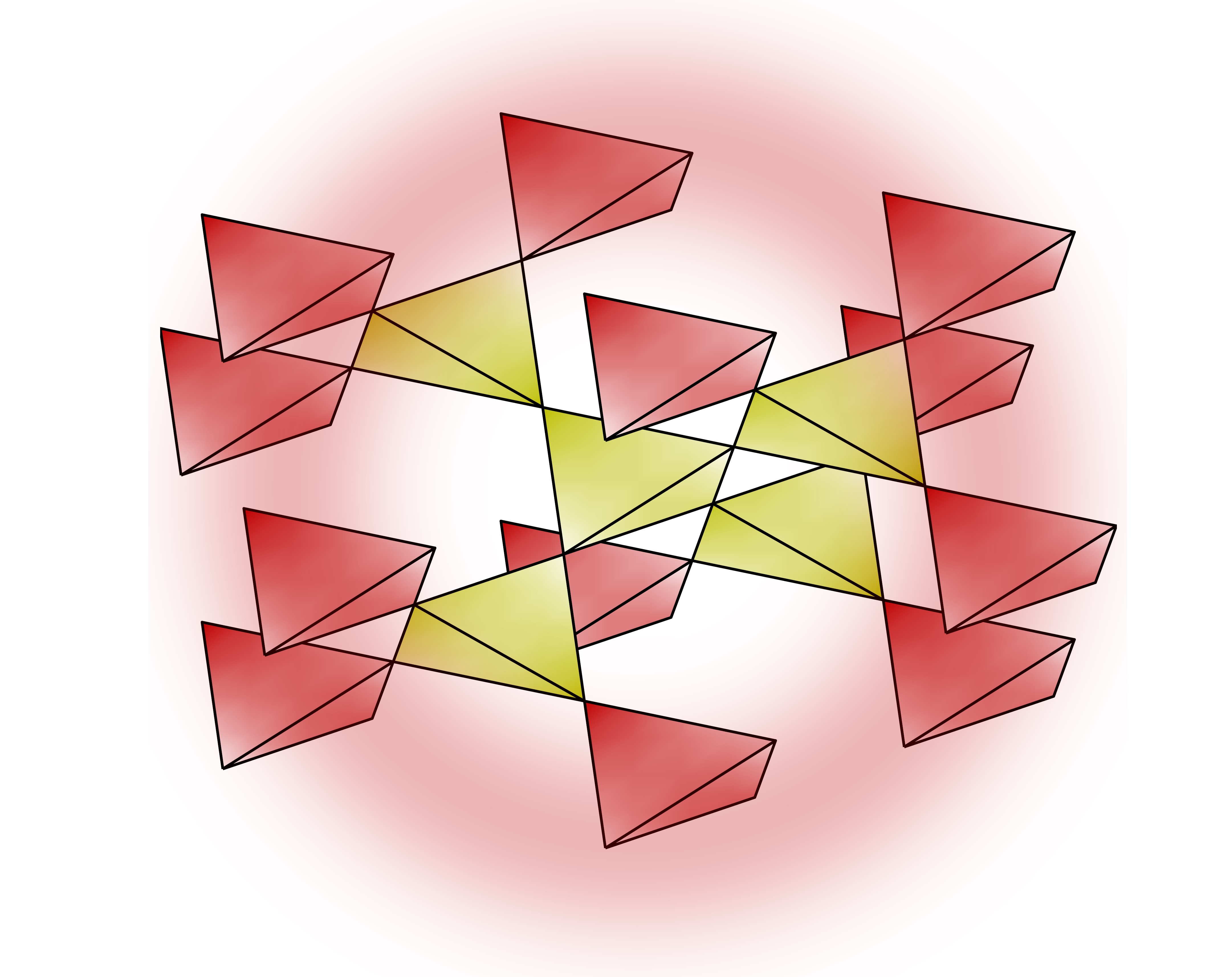 Nucleation of magnetism radiating from topologically non-trivial ordered tetrahedra (yellow) immersed in topologically trivial paramagnetic tetrahedra (red).